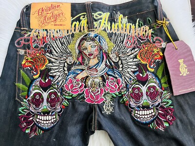 Christian Audigier Denim Pants Jeans Skulls Print Embroidered Size