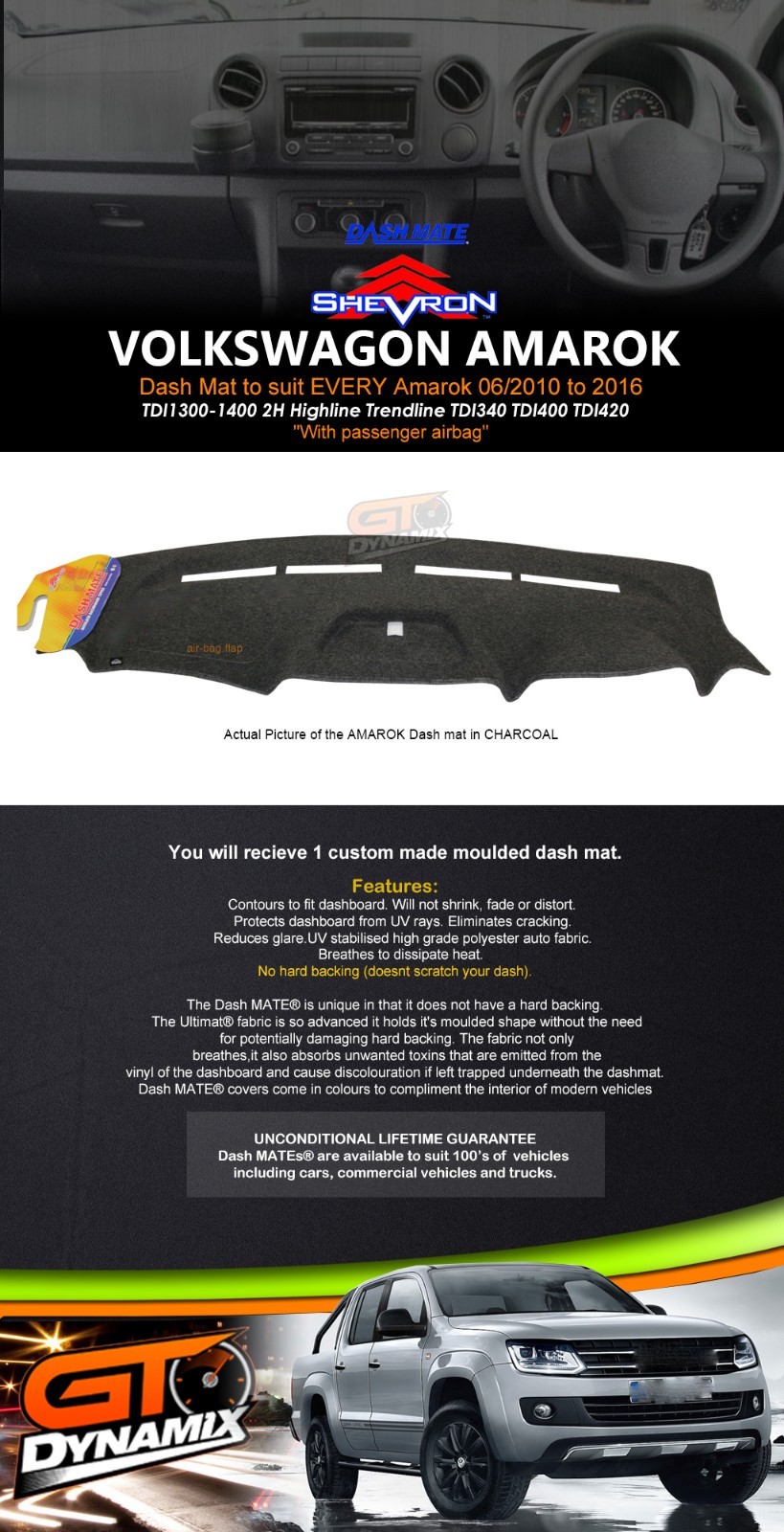 DASH MAT Volkswagon Amarok Trendline Highline Ultimate 6/20108/2016