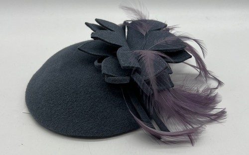 Suzanne couture Millinery blue/gray felt fascinator leaf & purple feather accent