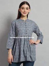 Women Cotton Linen Tunic Top Shirt Summer Casual Floral Blouse Regular Size