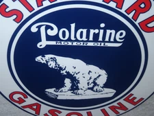 VINTAGE STANDARD POLARINE MOTOR OIL & BEAR 11 3/4" PORCELAIN METAL GASOLINE SIGN