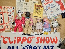 Vintage Clippo Clown & Lucifer 1930s Effanbee Puppet Set w Booklets & Papers NOS