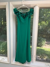 Xscape ruffled off shoulder long green dress size 2