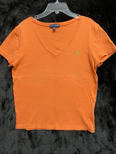 Ralph Lauren Women Signiture V-Neck T-Shirt Orange w/Green Logo SzXL - Picture 1 of 7