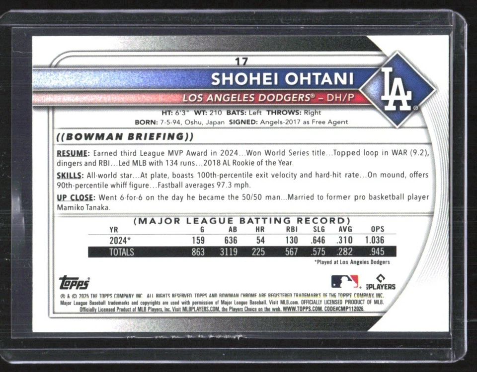 Bowman 2025 cromo zafiro Shohei Ohtani refractor amarillo/75 LA Dodgers #17 Foto 2 de 2