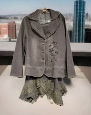 Gray Denim Embroidered Jacket And Skirt Set S...