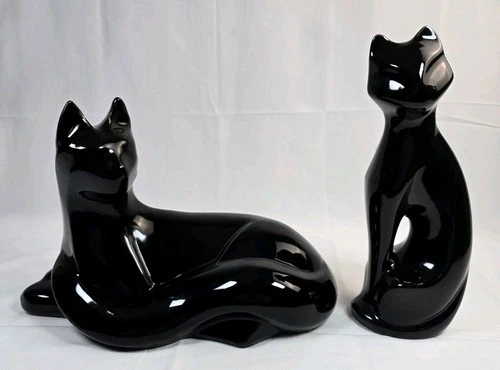 Pair Of Vintage Haeger Black Ceramic Cats Lot Sculptures MCM Large EUC