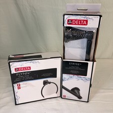 Delta Matte Black Bath Hardware Set Flynn Towel Ring Stryke Tissue Holder NIB