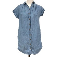 Madewell Denim Chambray Shirt Dress Linen Cotton Button Front Pockets Tunic XS