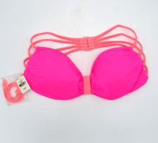 Victoria Secret Swim Bikini Top M Neon Pink Bandeau w/ Straps Lightly Lined NWT