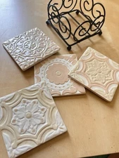 Handmade hand painted  4 Ceramic Tile Coasters With Tray