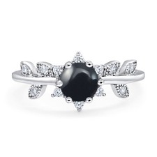 Floral Natural Black Onyx Leaf Design Wedding Round Ring 925 Sterling Silver 7mm