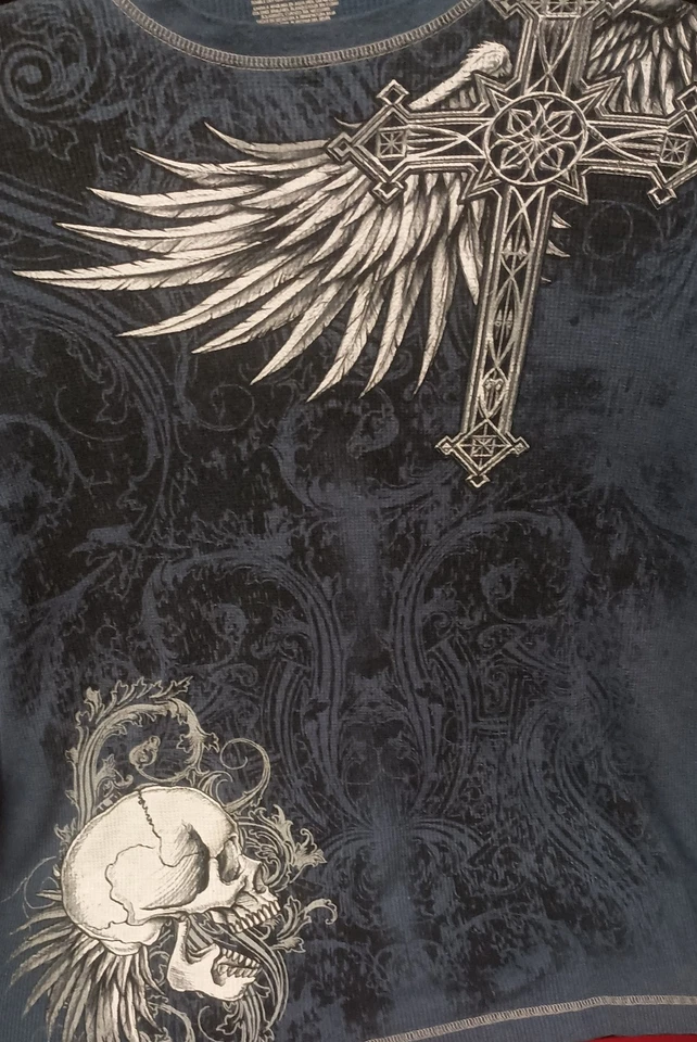 Camisa Térmica Azul Sin Límites Y2K De Colección Para Hombres 2XL Calavera Cruz Gráfico Cibernético Foto 3 de 4