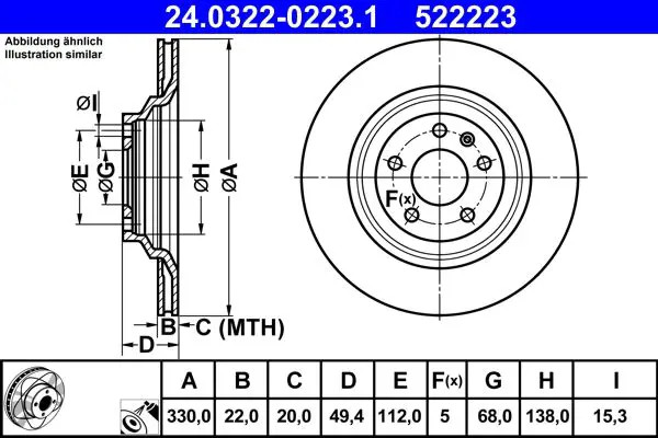 Disco freno ventilato 24.0322-0223.1 ATE per AUDI A6 C6 A6 C6 Avant