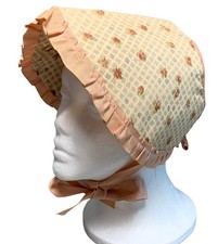 Vintage Womens Bonnet with Floral Pattern Peach Ruffle Trim