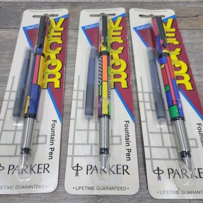 3 RARE Parker Vector Vintage Stained Glass Geometric Medium Fountain Pen NOS 90s
