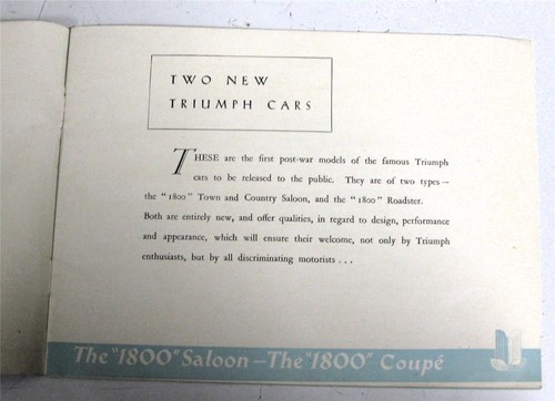 TRIUMPH 1800 Saloon + Roadster Car Sales Brochure 1946 - Picture 2 of 11