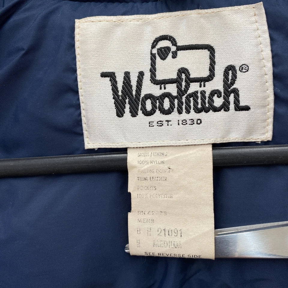 Vintage Woolrich Mens Medium Leather Yoke Down Puffer Jacket Blue Pearl Snap - Image 2 of 4