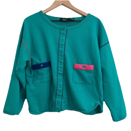 Vintage Pasta Women’s Sweater Size Medium Blue And Pink Pockets