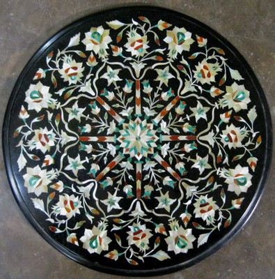 Mother of Pearl Inlay Round Marble Table Top | Mughal Pietra Dura Art