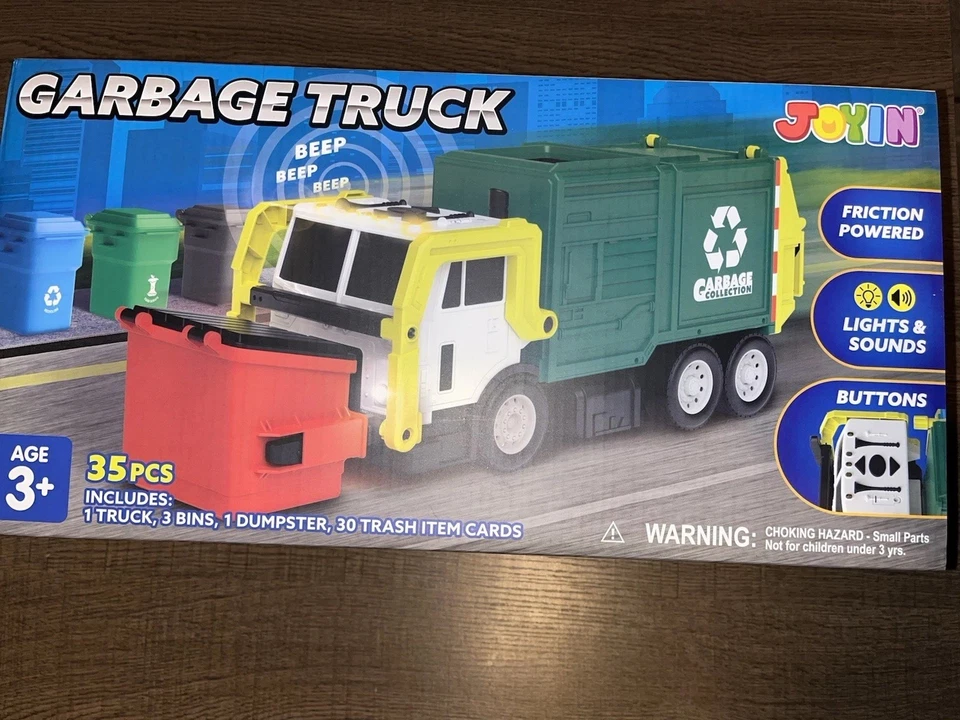 Large Friction Powered Garbage Truck Toy Set, Includes Dumpster, Trash Bins - Image 2 of 4