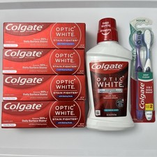 6 Colgate Optic White Toothpaste, Mouthwash and Toothbrush Bundle