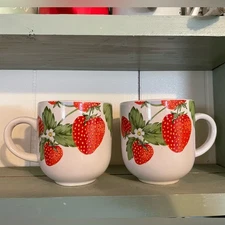 Set Of 2 Tienshan Stoneware STRAWBERRY SOCIAL Coffee Cup Mug
