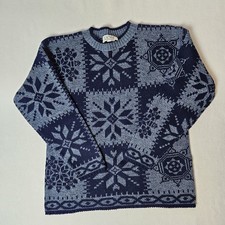 Vintage Rose Blue Geometric Snowflake All-Over Pullover Sweater Made IN USA M?