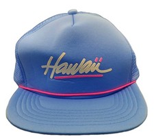 NOS Vintage 80s Hawaii Trucker Hat Puffer Print Blue Pink Rope Snapback Mesh Cap