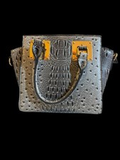 Gray Satchel with Gold Hardware, Animal Print, Inner Pockets, Double Handles