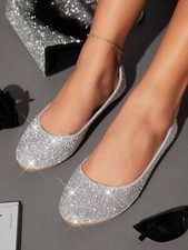 New Women's Bling Rhinestone Crystal Pav Ballet Flat Ballerina Shoes Round Toe