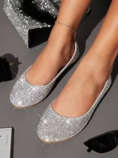 New Women's Bling Rhinestone Crystal Pavé Ballet Flat Ballerina Shoes Round Toe