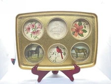 vintage gold colored tin metak 6 drink holder f birds flowers of Kentucky horses