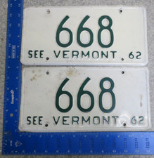 1962 62 VERMONT VT LICENSE PLATE TAG PAIR SET LOW NUMBER 3 DIGIT #668