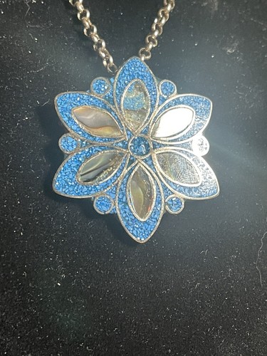Sterling Native Turquoise Flower Pendant On 20” Belcher Chain Abalone Inlay 925 - Picture 3 of 9