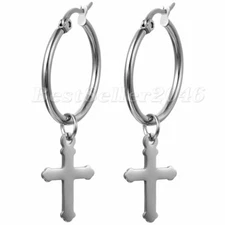 2pcs Men Women Stainless Steel Dangle Cross Ear Stud Hoop Huggies Earrings Gift