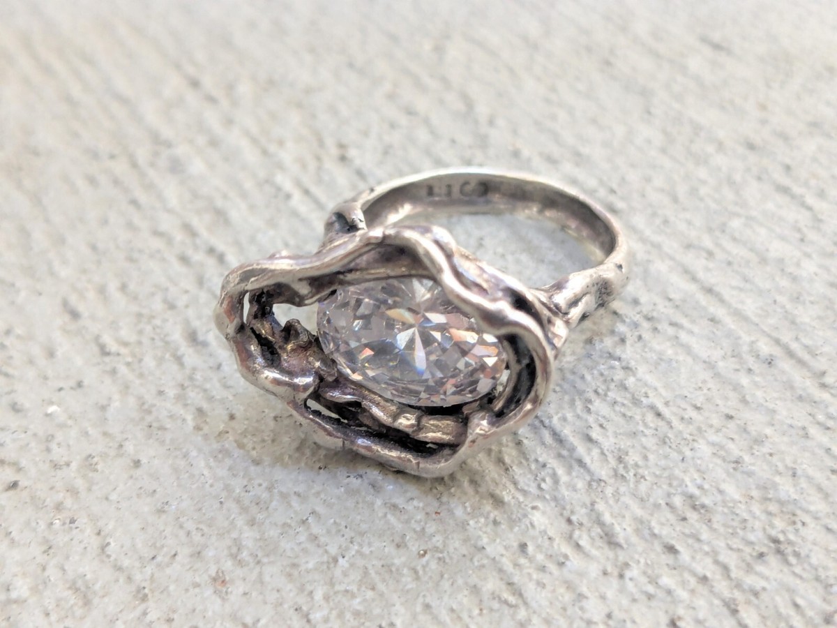 Vintage Sterling Silver Ring Size 6.75 CZ Oval Faceted Brutalist