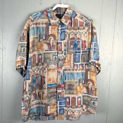 Structure 90s Silk Shirt Men Large Short Sleeve Italian Deco Relaxed Fit Vintage - Picture 2 of 7