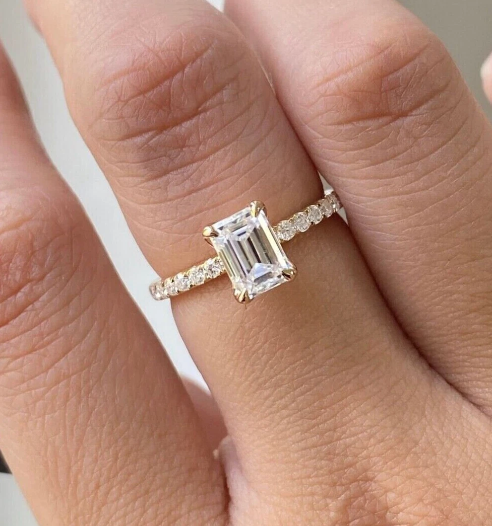 2CT Unique Emerald Cut Moissanite Tulip Setting Engagement Ring