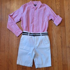Childrens Place Boys Pink Gingham Shirt White Shorts Belt Set 10 12