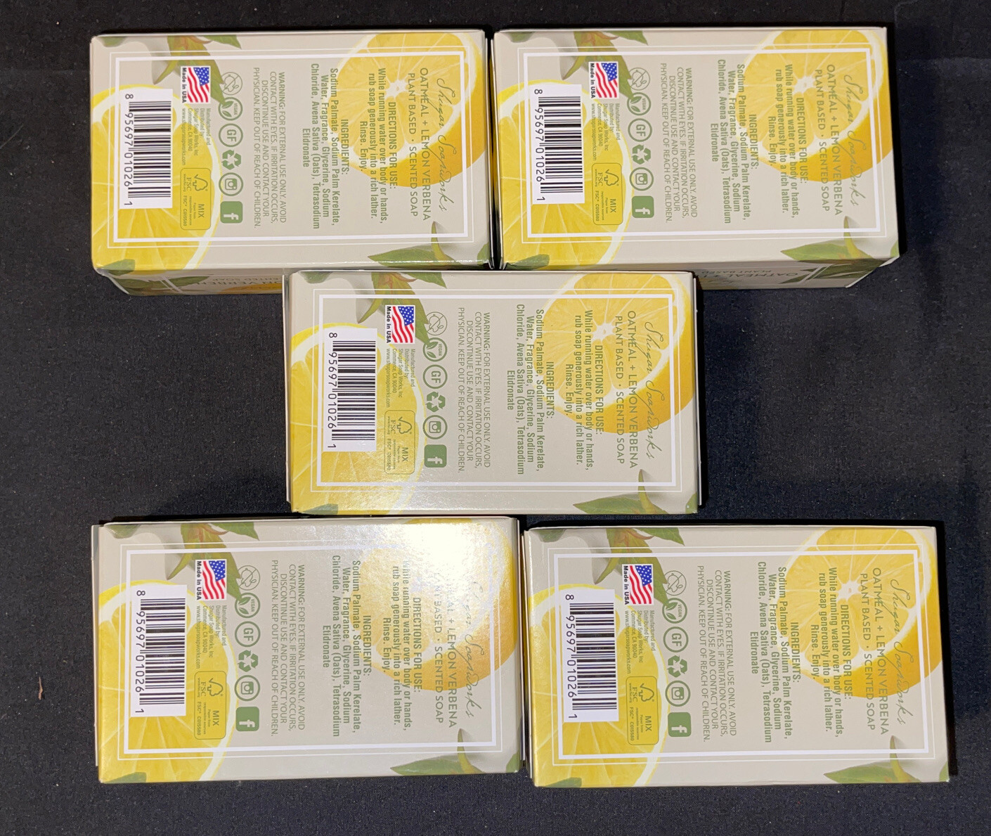 Shugar Soapworks Oatmeal & Lemon Verbena Jumbo Bar Soap Vegan, Lot Of 5 