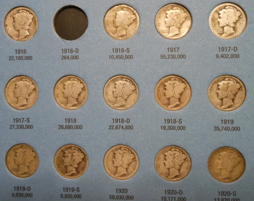 NEAR COMPLETE COLLECTION OF 74 1916-1945 90% SILVER MERCURY DIMES ALBUM SET