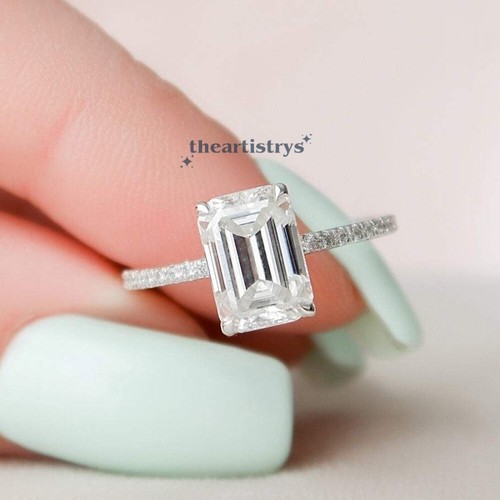 Bague de fiançailles halo caché Moissanite 2,50 ct taille émeraude or blanc massif 14 carats