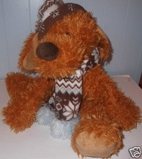 12" SHAGGY FLOPPY SNOWFLAKE PLUSH BROWN DOG PUP BLUE BROWN PLUSH HAT  SCARF