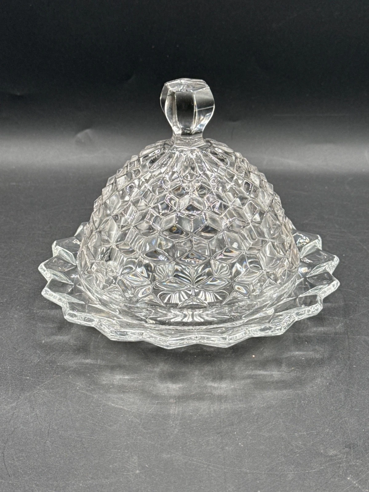 Fostoria American Cubist Clear Glass Butter Dish With Lid - 7" Diameter And 6" T