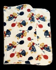Vtg Blue Jean Teddy Bear Baby Blanket Girl Boy Balloons 42  x 30  