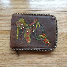 Vintage Western Studded Saddle Boot Embossed Leather Bifold Zip Around Wallet
