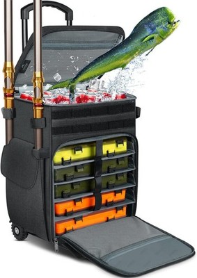 Rolling Tackle Box with Cooler, Large Fishing Bag with Wheels for 5 Trays