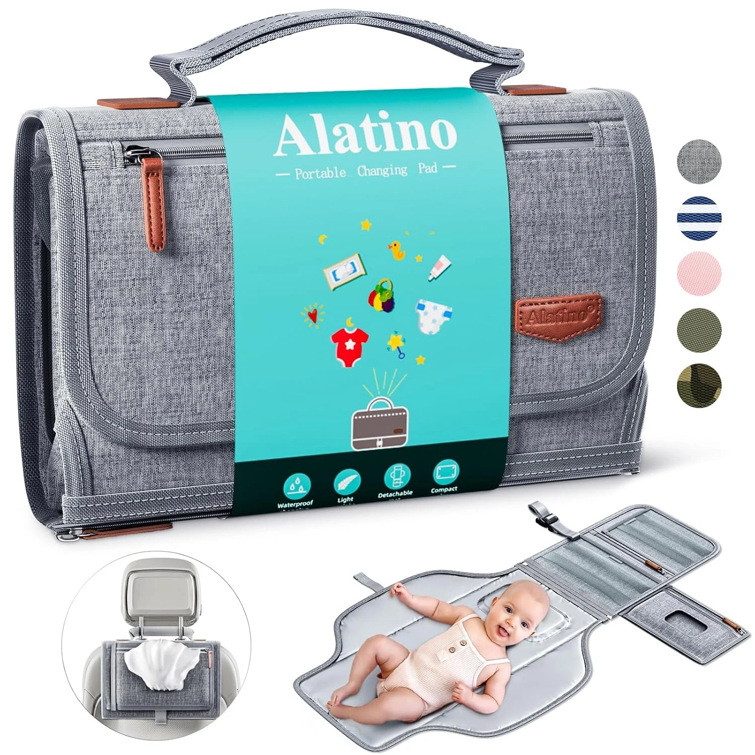Portable Diaper Changing Pad for Baby, Detachable Travel Grey
