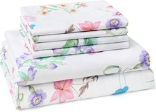 Queen Sheet Set 6 Pieces Pink Rose Floral , Cottage Core Botanical Patterned...